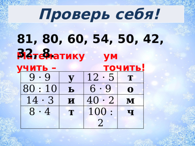 Проверь себя! 81, 80, 60, 54, 50, 42, 32, 8. ум точить! Математику учить – 9 · 9 у 80 : 10 12 · 5 14 · 3 ь 8 · 4 т и 6 · 9 т 40 · 2 о м 100 : 2 ч  