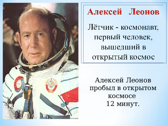 Алексей Леонов пробыл в открытом космосе 12 минут.  