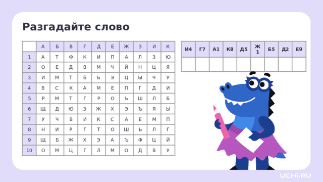 Разгадайте слово И4 Г7 А1 А К8 1 Д5 А 2 Б В О Ж1 Т 3 4 Ф И Б5 Г Е В Д Д2 Д М К 5 Е9 Р 6 Т С И Е В Щ М Ж К 7 Б П М У 8 Т Д А З А Ь Ч Й Ю Н И М Л Э Г Ч 9 Щ Н И В З З Е Р К Ц 10 Р Ж П Ц Ю Б Ы И О О К Я Ж Ч Г Х Ь Г М Т Э Д Х Ц С У Ш Л Ъ О Э А И Г Я Ш А Е Б Л М Ы Ь Ъ М Л Ф О П Г Ц Д В Й У Целеполагание  — Катя взяла поле для игры в морской бой и зашифровала слово-подсказку. Расшифруйте слово и узнаете, с помощью чего можно представлять информацию наглядно. (Диаграмма).  
