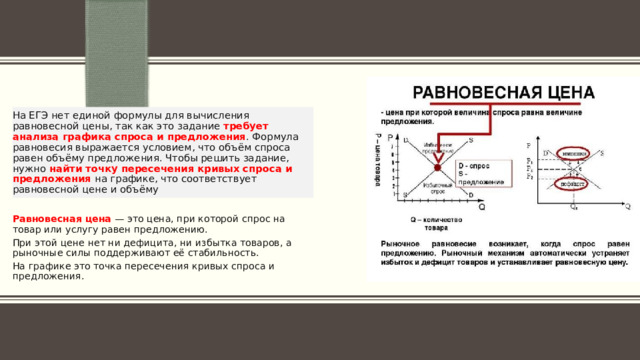 На ЕГЭ нет единой формулы для вычисления равновесной цены, так как это задание требует анализа графика спроса и предложения . Формула равновесия выражается условием, что объём спроса равен объёму предложения. Чтобы решить задание, нужно найти точку пересечения кривых спроса и предложения на графике, что соответствует равновесной цене и объёму Равновесная цена — это цена, при которой спрос на товар или услугу равен предложению.  При этой цене нет ни дефицита, ни избытка товаров, а рыночные силы поддерживают её стабильность.  На графике это точка пересечения кривых спроса и предложения.  