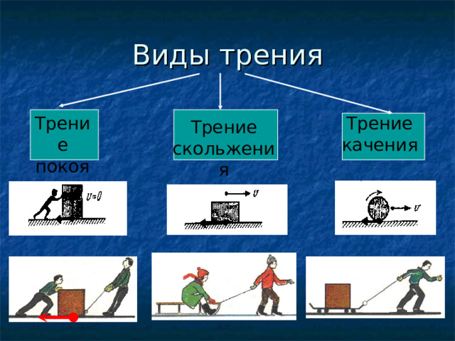 Виды трения Трение покоя Трение качения Трение скольжения 
