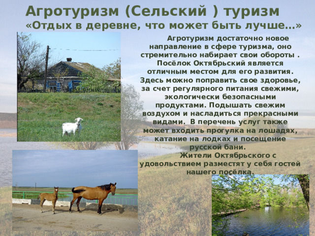 Агротуризм (Сельский ) туризм «Отдых в деревне, что может быть лучше…» Агротуризм достаточно новое направление в сфере туризма, оно стремительно набирает свои обороты . Посёлок Октябрьский является отличным местом для его развития. Здесь можно поправить свое здоровье, за счет регулярного питания свежими, экологически безопасными продуктами. Подышать свежим воздухом и насладиться прекрасными видами.  В перечень услуг также может входить прогулка на лошадях, катание на лодках и посещение русской бани.  Жители Октябрьского с удовольствием разместят у себя гостей нашего посёлка. 