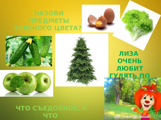 Назови предметы зеленого цвета? Лиза очень любит гулять по лесу Что съедобное, а что несъедобное? 