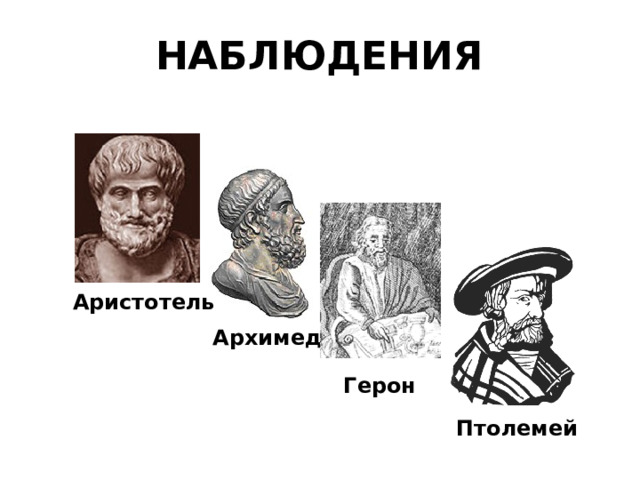 НАБЛЮДЕНИЯ Аристотель Архимед Герон Птолемей 