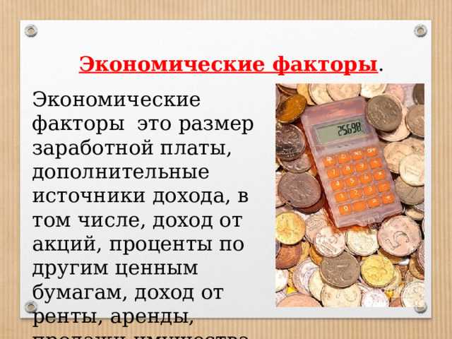 Экономические факторы . Экономические факторы это размер заработной платы, дополнительные источники дохода, в том числе, доход от акций, проценты по другим ценным бумагам, доход от ренты, аренды, продажи имущества. 