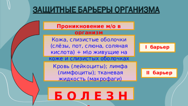 Проникновение м/о в организм Кожа, слизистые оболочки (слёзы, пот, слюна, соляная кислота) + м\о живущие на коже и слизистых оболочках I барьер Кровь (лейкоциты); лимфа (лимфоциты); тканевая жидкость (макрофаги) II барьер Б О Л Е З Н Ь 