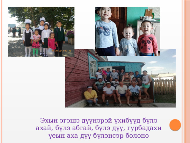 Эхын эгэшэ дүүнэрэй үхибүүд бүлэ ахай, бүлэ абгай, бүлэ дүү, гурбадахи үеын аха дүү бүлэнсэр болоно 