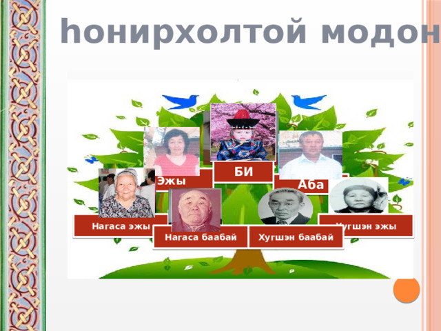 hонирхолтой модон БИ Эжы Аба Хугшэн эжы Нагаса эжы Нагаса баабай Хугшэн баабай 