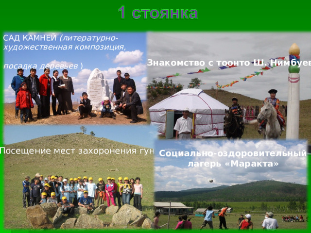 САД КАМНЕЙ (литературно-художественная композиция, посадка деревьев ) Знакомство с тоонто Ш. Нимбуева Посещение мест захоронения гуннов Социально-оздоровительный лагерь «Маракта» Социально-оздоровительный лагерь «Маракта»  