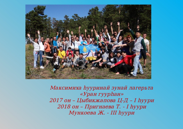 Максимиха hууринай зунай лагерьта «Уран гуур hан» 2017 он – Цыбикжапова Ц-Д – I hуури 2018 он – Пригнаева Т. - I hуури Мункоева Ж. - III hуури 