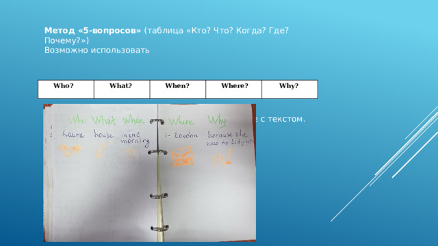 Метод «5-вопросов»  (таблица «Кто? Что? Когда? Где? Почему?») Возможно использовать при работе с текстом. Учащиеся, прочитав текст, заполняют таблицу. Who?                 What?               When?             Where?   Why? 