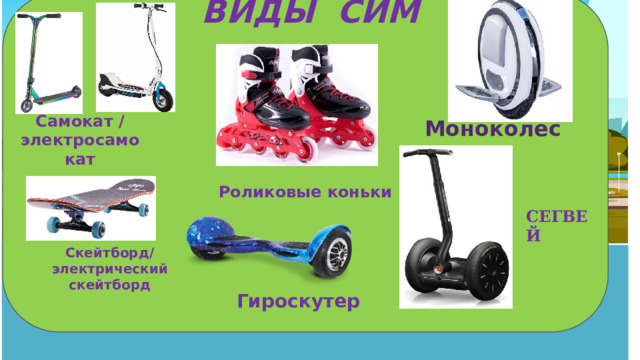ВИДЫ СИМ    Роликовые коньки Скейтборд/ электрический скейтборд СЕГВЕЙ Самокат / электросамокат Моноколесо + Гироскутер 