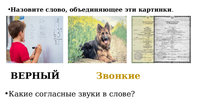 Назовите слово, объединяющее эти картинки .  ВЕРНЫЙ  Звонкие Какие согласные звуки в слове? 