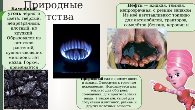 Природные богатства Нефть  — жидкая, тёмная, непрозрачная, с резким запахом. Из неё изготавливают топливо для автомобилей, тракторов, самолётов (бензин, керосин и др.). Каменный уголь  чёрного цвета, твёрдый, непрозрачный, плотный, но хрупкий. Образовался из остатков растений, существовавших миллионы лет назад. Горюч, применяется как топливо. Природный газ  не имеет цвета и запаха. Относится к горючим ископаемым. Используется как топливо для обогрева помещений, для приготовления пищи, а также как сырьё для получения пластмасс, резины и других полезных веществ. 