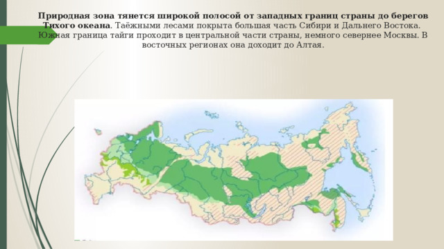 Природная зона тянется широкой полосой от западных границ страны до берегов Тихого океана . Таёжными лесами покрыта большая часть Сибири и Дальнего Востока.   Южная граница тайги проходит в центральной части страны, немного севернее Москвы. В восточных регионах она доходит до Алтая.   