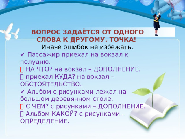 ВОПРОС ЗАДАЁТСЯ ОТ ОДНОГО СЛОВА К ДРУГОМУ. ТОЧКА! Иначе ошибок не избежать. ✔️ Пассажир приехал на вокзал к полудню. ❌ НА ЧТО? на вокзал – ДОПОЛНЕНИЕ. 👍 приехал КУДА? на вокзал – ОБСТОЯТЕЛЬСТВО. ✔️ Альбом с рисунками лежал на большом деревянном столе. ❌  С ЧЕМ? с рисунками – ДОПОЛНЕНИЕ. 👍 Альбом КАКОЙ? с рисунками – ОПРЕДЕЛЕНИЕ. 