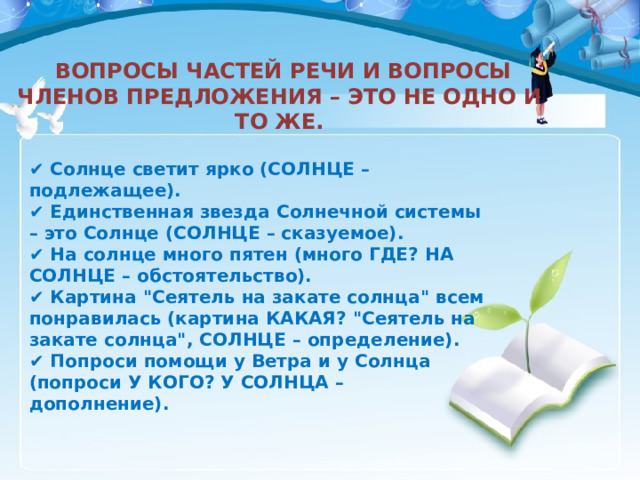  ВОПРОСЫ ЧАСТЕЙ РЕЧИ И ВОПРОСЫ ЧЛЕНОВ ПРЕДЛОЖЕНИЯ – ЭТО НЕ ОДНО И ТО ЖЕ. ✔️ Солнце светит ярко (СОЛНЦЕ – подлежащее). ✔️ Единственная звезда Солнечной системы – это Солнце (СОЛНЦЕ – сказуемое). ✔️ На солнце много пятен (много ГДЕ? НА СОЛНЦЕ – обстоятельство). ✔️ Картина 