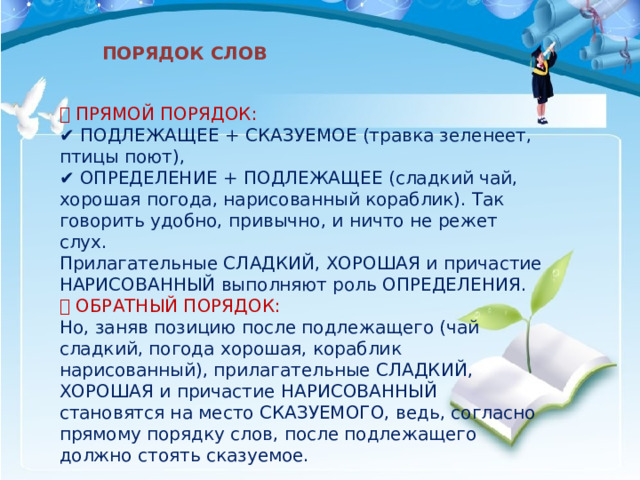  ПОРЯДОК СЛОВ 👉 ПРЯМОЙ ПОРЯДОК: ✔️ ПОДЛЕЖАЩЕЕ + СКАЗУЕМОЕ (травка зеленеет, птицы поют), ✔️ ОПРЕДЕЛЕНИЕ + ПОДЛЕЖАЩЕЕ (сладкий чай, хорошая погода, нарисованный кораблик). Так говорить удобно, привычно, и ничто не режет слух. Прилагательные СЛАДКИЙ, ХОРОШАЯ и причастие НАРИСОВАННЫЙ выполняют роль ОПРЕДЕЛЕНИЯ. 👉 ОБРАТНЫЙ ПОРЯДОК: Но, заняв позицию после подлежащего (чай сладкий, погода хорошая, кораблик нарисованный), прилагательные СЛАДКИЙ, ХОРОШАЯ и причастие НАРИСОВАННЫЙ становятся на место СКАЗУЕМОГО, ведь, согласно прямому порядку слов, после подлежащего должно стоять сказуемое. 