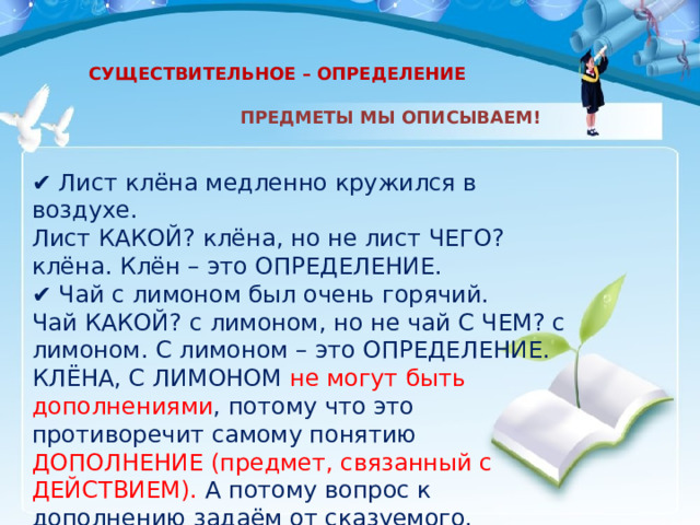 СУЩЕСТВИТЕЛЬНОЕ – ОПРЕДЕЛЕНИЕ ПРЕДМЕТЫ МЫ ОПИСЫВАЕМ! ✔️ Лист клёна медленно кружился в воздухе. Лист КАКОЙ? клёна, но не лист ЧЕГО? клёна. Клён – это ОПРЕДЕЛЕНИЕ. ✔️ Чай с лимоном был очень горячий. Чай КАКОЙ? с лимоном, но не чай С ЧЕМ? с лимоном. С лимоном – это ОПРЕДЕЛЕНИЕ. КЛЁНА, С ЛИМОНОМ не могут быть дополнениями , потому что это противоречит самому понятию ДОПОЛНЕНИЕ (предмет, связанный с ДЕЙСТВИЕМ). А потому вопрос к дополнению задаём от сказуемого. 