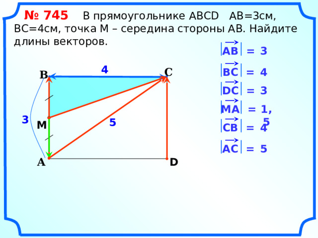  № 745 В прямоугольнике АВСD АВ=3см, ВС=4см, точка М – середина стороны АВ. Найдите длины векторов. АВ = 3 4 ВC = 4 С В 3 DС = MА = 1,5 3 5 M СВ = 4 5 АС = D А «Геометрия 7-9» Л.С. Атанасян и др. 