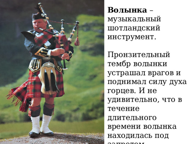 Волынка – музыкальный шотландский инструмент. Пронзительный тембр волынки устрашал врагов и поднимал силу духа горцев. И не удивительно, что в течение длительного времени волынка находилась под запретом Британского Королевства. 