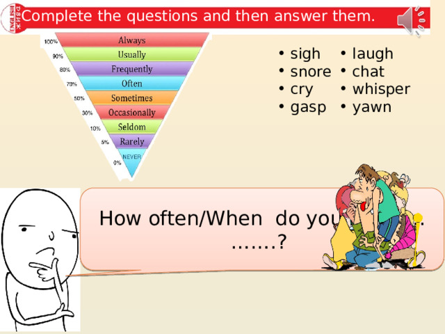 Complete the questions and then answer them. sigh snore cry gasp laugh chat whisper yawn How often/When do you ….........…….? 