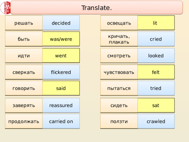 Translate. Which of these verbs are irregular ? Put them in the Past Simple. решать decided to decide lit to light освещать to light to decide быть was/were to cry to be cried кричать, плакать to be to cry went идти to go looked to look смотреть to look to go сверкать flickered felt to feel to feel to flicker to flicker чувствовать said говорить tried пытаться to say to try to try to say reassured заверять to reassure to sit to reassure to sit сидеть sat carried on продолжать to crawl crawled to carry on to crawl to carry ползти 
