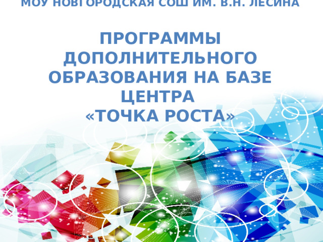 МОУ Новгородская СОШ им. В.Н. Лесина   Программы дополнительного образования на базе Центра  «Точка роста»     