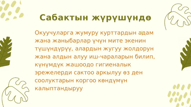 Сабактын жүрүшүндө Окуучуларга жумуру курттардын адам жана жаныбарлар үчүн мите экенин түшүндүрүү, алардын жугуу жолдорун жана алдын алуу иш-чараларын билип, күнүмдүк жашоодо гигиеналык эрежелерди сактоо аркылуу өз ден соолуктарын коргоо көндүмүн калыптандыруу 