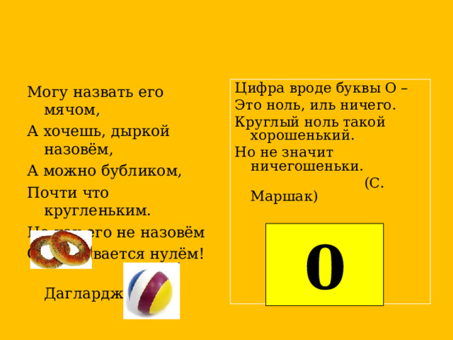 Могу назвать его мячом, А хочешь, дыркой назовём, А можно бубликом, Почти что кругленьким. Но как его не назовём Он называется нулём!  (Ф. Дагларджа) Цифра вроде буквы О – Это ноль, иль ничего. Круглый ноль такой хорошенький. Но не значит ничегошеньки.  (С. Маршак)      0 