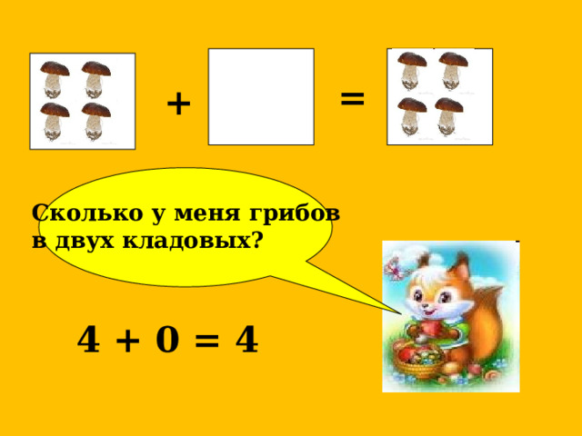   ?  = + Сколько у меня грибов в двух кладовых? 4 + 0 = 4 