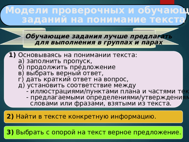 Модели проверочных и обучающих заданий на понимание текста  Обучающие задания лучше предлагать для выполнения в группах и парах 1) Основываясь на понимании текста: а) заполнить пропуск, б) продолжить предложение в) выбрать верный ответ, г) дать краткий ответ на вопрос, д) установить соответствие между  - иллюстрациями/пунктами плана и частями текста,  - предлагаемыми определениями/утверждениями и  словами или фразами, взятыми из текста. 2) Найти в тексте конкретную информацию. 3) Выбрать с опорой на текст верное предложение.  