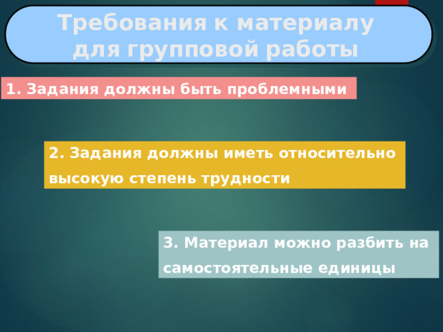 Требования  к материалу   для  групповой  работы  1. Задания должны быть проблемными 2. Задания должны иметь относительно высокую степень трудности 3. Материал можно разбить на самостоятельные единицы 