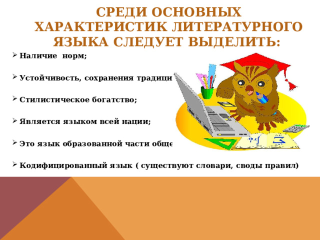 Среди основных характеристик литературного языка следует выделить: Наличие норм;  Устойчивость, сохранения традиций;  Стилистическое богатство;  Является языком всей нации;  Это язык образованной части общества;  Кодифицированный язык ( существуют словари, своды правил)  