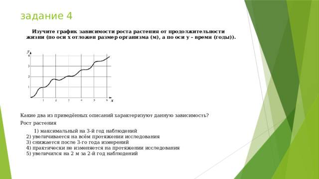 задание 4  Изучите график зависимости роста растения от продолжительности жизни (по оси x отложен размер организма (м), а по оси y – время (годы)). Какие два из приведённых описаний характеризуют данную зависимость? Рост растения  1) максимальный на 3-й год наблюдений  2) увеличивается на всём протяжении исследования  3) снижается после 3-го года измерений  4) практически не изменяется на протяжении исследования  5) увеличился на 2 м за 2-й год наблюдений 