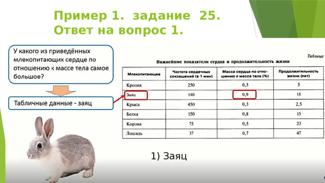 Пример 1. задание 25.  Ответ на вопрос 1. 1) Заяц 