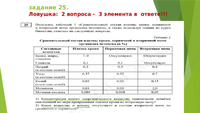 задание 25.  Ловушка: 2 вопроса - 3 элемента в ответе!!!   