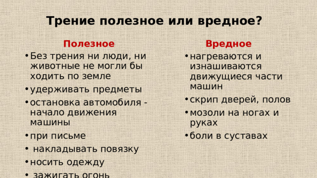 Трение полезное или вредное? Полезное Вредное Без трения ни люди, ни животные не могли бы ходить по земле удерживать предметы остановка автомобиля - начало движения машины при письме  накладывать повязку носить одежду  зажигать огонь нагреваются и изнашиваются движущиеся части машин скрип дверей, полов мозоли на ногах и руках боли в суставах  