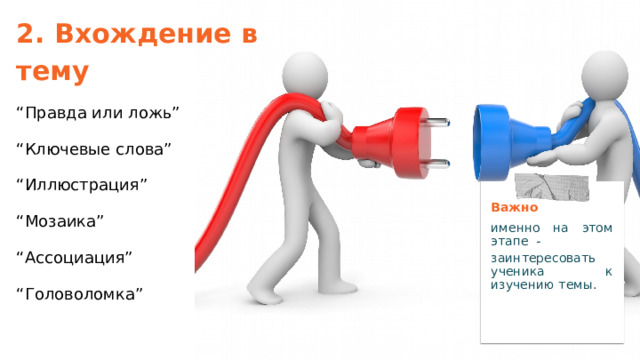 2. Вхождение в тему “ Правда или ложь” “ Ключевые слова” “ Иллюстрация” “ Мозаика” “ Ассоциация” “ Головоломка” Важно именно на этом этапе - заинтересовать ученика к изучению темы. 