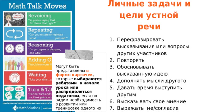 Личные задачи и цели устной речи Перефразировать высказывания или вопросы других участников Повторять Обосновывать высказанную идею Дополнять мысли другого Давать время выступить другим Высказывать свое мнение Выражать не/согласие Устанавливать взаимосвязь Внимательно слушать т.д. Могут быть представлены в форме карточек , которые выбираются ребятами в начале урока или распределяться педагогом , если он видим необходимость в развитии или тренировке одного из навыков.  Процесс эмоционального включения в работу в целях активизации учеников к познавательной деятельности.  