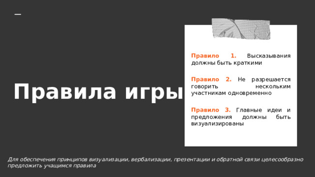 Правила игры  Правило 1. Высказывания должны быть краткими Правило 2. Не разрешается говорить нескольким участникам одновременно Правило 3. Главные идеи и предложения должны быть визуали­зированы Для обеспечения принципов визуализации, вербализации, презентации и обратной связи целесообразно предложить учащимся правила 