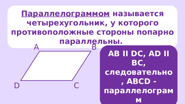 Параллелограммом называется четырехугольник, у которого противоположные стороны попарно параллельны. А В AB II DC, AD II BC, следовательно, ABCD - параллелограмм С D 