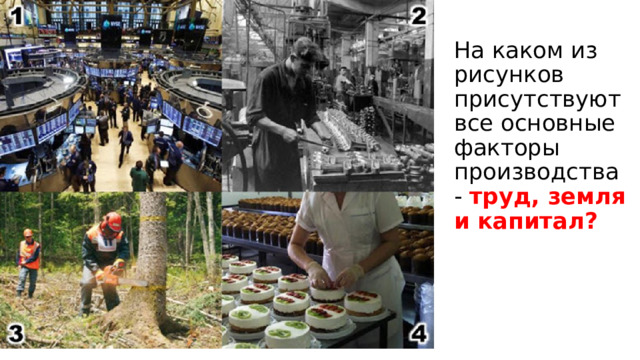 На каком из рисунков присутствуют все основные факторы производства - труд, земля и капитал? 