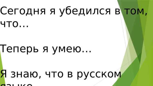 Сегодня я убедился в том, что… Теперь я умею… Я знаю, что в русском языке… 