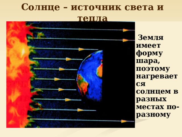Солнце – источник света и тепла   Земля имеет форму шара, поэтому нагревается солнцем в разных местах по-разному 