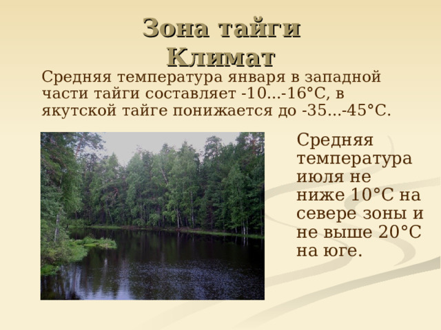 Зона тайги  Климат  Средняя температура января в западной части тайги составляет -10...-16°С, в якутской тайге понижается до -35...-45°С.  Средняя температура июля не ниже 10°С на севере зоны и не выше 20°С на юге. 