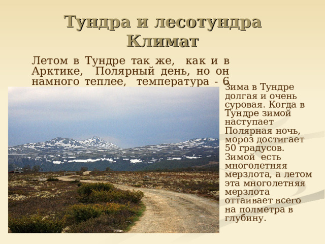 Тундра и лесотундра  Климат  Летом в Тундре так же, как и в Арктике, Полярный день, но он намного теплее, температура - 6 градусов тепла.  Зима в Тундре долгая и очень суровая. Когда в Тундре зимой наступает Полярная ночь, мороз достигает 50 градусов. Зимой есть многолетняя мерзлота, а летом эта многолетняя мерзлота оттаивает всего на полметра в глубину. 