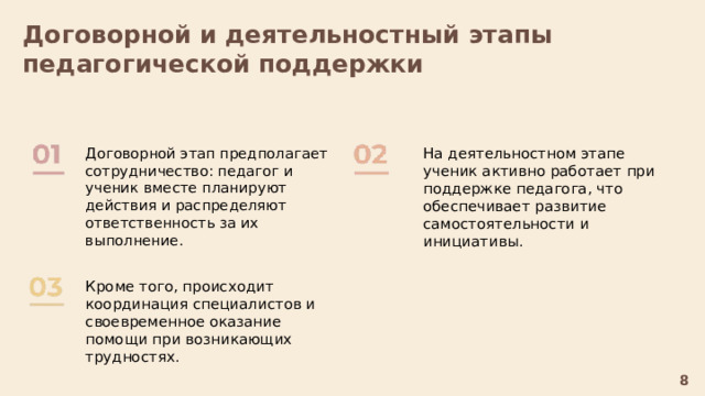  Договорной и деятельностный этапы педагогической поддержки  Договорной этап предполагает сотрудничество: педагог и ученик вместе планируют действия и распределяют ответственность за их выполнение. На деятельностном этапе ученик активно работает при поддержке педагога, что обеспечивает развитие самостоятельности и инициативы. Кроме того, происходит координация специалистов и своевременное оказание помощи при возникающих трудностях. 8 