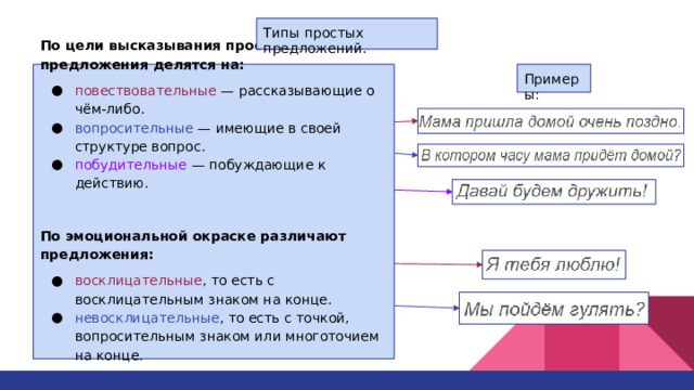 Типы простых предложений. По цели высказывания простые предложения делятся на: Примеры: повествовательные — рассказывающие о чём-либо. вопросительные — имеющие в своей структуре вопрос. побудительные — побуждающие к действию. По эмоциональной окраске различают предложения: восклицательные , то есть с восклицательным знаком на конце. невосклицательные , то есть с точкой, вопросительным знаком или многоточием на конце. 