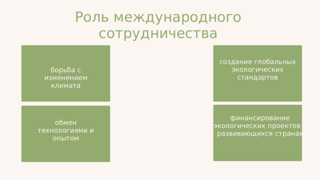 Роль международного сотрудничества создание глобальных экологических стандартов борьба с изменением климата финансирование экологических проектов в развивающихся странах обмен технологиями и опытом 